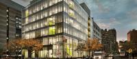 Image of Columbia Nursing's new building in Washington Heights at dusk